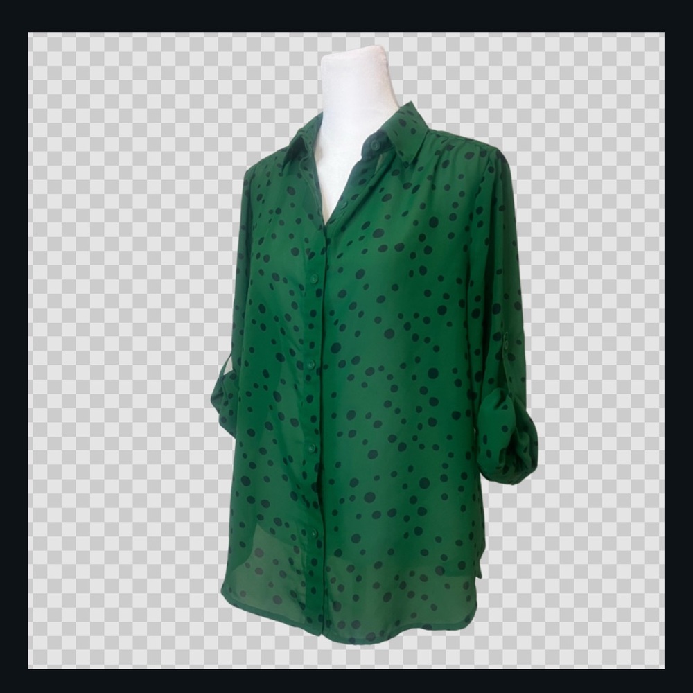 A.N.A M Kelly Green Polka Dot Blouse button up semi-sheer roll-up 3/4 sleeve